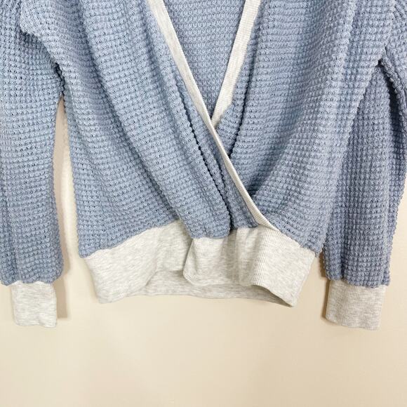 Boutique Womens Small S Blue Waffle Knit VNeck Wrap Sweater Colorblock Gray - Picture 7 of 10